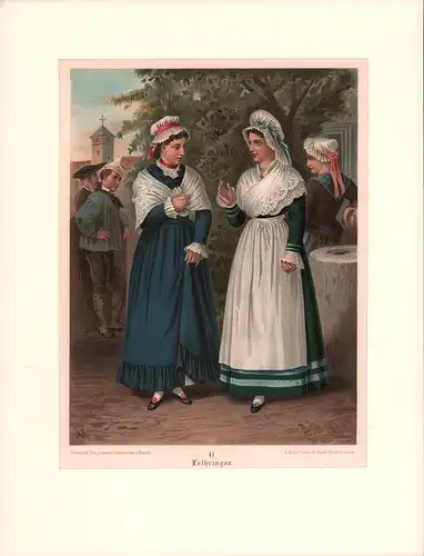 Trachten Lothringen. Chromolithographie. Gezeichnet u. lithographiert von A. Kretschmer. Chromolith. Inst. v. Gustav Leutzsch, Gera (Reuss). 