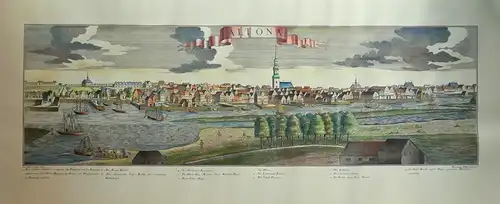 Altona. (Ansicht von der Elbe aus). Handkolorierte Panorama-Ansicht auf Bütten. REPROGRAVÜRE der Ausgabe Augsburg, um 1710