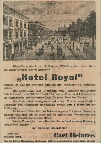 Heintze, Carl.: Großformatiges Werbeblatt des Lotterieverkäufers Carl Heintze für sein neu erworbenes  "Hotel Royal" in Berlin sowie für die kommende Marienburger Schlossbau-Lotterie in Danzig. 