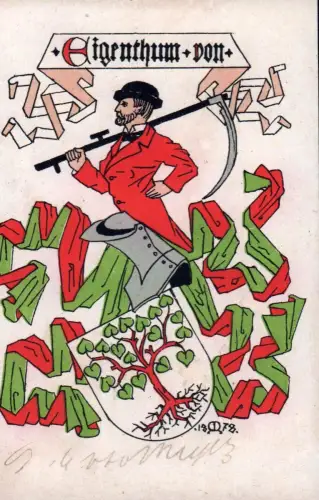 Exlibris Arnold Otto Meyer. Eigenthum von [A. Otto Meyer, hs. in grauer Tinte]. Lithogr. Farbendruck, Lorenz-Meyer, Eduard Lorenz