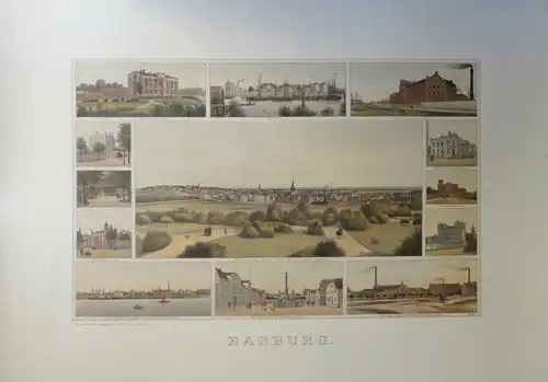 Harburg [Souvenirblatt]. Panorama der Stadt mit 12 Randansichten. Farboffsetdruck. REPRINT nach einer getönten, teilkolor. Kreidelithographie, Verden 1860, Müller, Friedrich Georg (1816-1908)