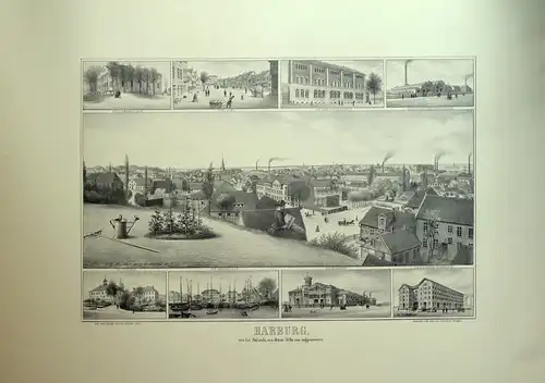 Harburg von der Südseite, von Marx Höhe aus augenommen [Souvenirblatt]. Ansicht der Stadt mit 8 Nebenansichten. Farboffsetdruck. REPRINT einer Kreidelithographie, gez. u. lith. von F.. 