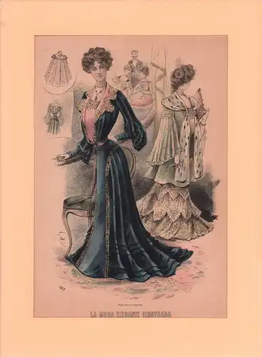 Modedarstellung: Festmode für die Dame. Handkolorierte Kreidelithographie