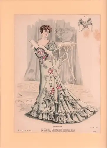 Modedarstellung: Ballkleid. Handkolorierte Kreidelithographie. 