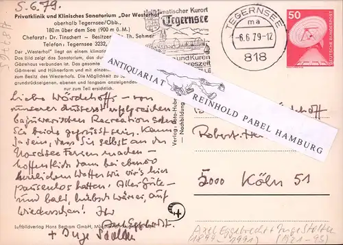 Eggebrecht, Axel (1899-1991), dt. Rundfunkjournalist u. Schriftsteller: Eigenh. Postkarte mit Unterschr. "Ihr Axel Eggebrecht". [Tegernsee,] 5 .6. [19]79. Ebenso unterschr. von Inge Stolten. 