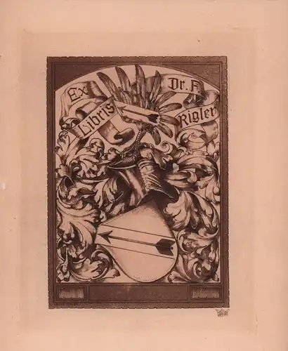 Hulbe, Georg (Entwurf): Ex Libris Dr. F. Rigler. Radierung, in der Platte (im unteren Rahmen) signiert. 