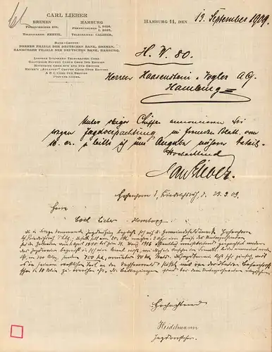 Lieber, Carl: Anfrage und Antwort betr. die Versteigerung einer Jagdnutzung in Hohenhorn nahe Friedrichsruh. Handschriftlich mit schwarzer Tinte auf Firmenbriefpapier mit gedrucktem Briefkopf, datiert 13. September 1909. 