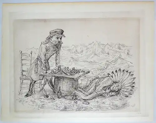 US-Kavallerist und Indianer. Getönte Rohrfederzeichnung mit zweifachem Fond u. spiegelbildlichem Monogramm, Weber, A. Paul (1893-1980)