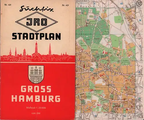 JRO Stadtplan Hamburg, mit Sehenswürdigkeiten und wichtigen Hinweisen. [Außentitel: "Suchfix JRO Stadtplan Gross Hamburg"]. Bearbeitet unter der Leitung von Ernst Kremling. 