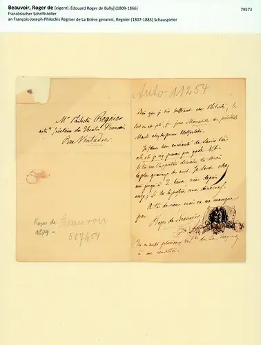 Beauvoir, Roger de (1809-1866), Schriftsteller: Eigenhändiger Brief mit Unterschrift und kleiner Zeichnung. Mit schwarzer Tinte geschrieben u. gezeichnet. 