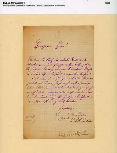 Duboc, Minna (geb. 1822), Liederdichterin u. Ehefrau von Charles Edouard Duboc (Pseud. Waldmüller): Eigenhändiger Brief mit Unterschrift. [Dresden], 10.3.86 Carusstr. 17. 