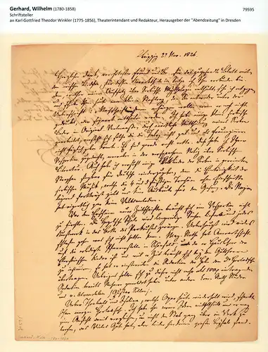 Gerhard, Wilhelm (1780-1858), Schriftsteller: Eigenhändiger Brief mit Unterschrift. Schwarze Tinte auf Schreibpapier. Leipzig 27 Nov. 1826. 
