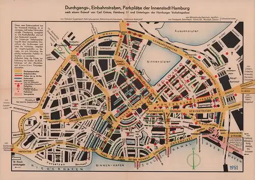 Durchgangs-, Einbahnstraßen, Parkplätze der Innenstadt Hamburg nach einem Entwurf von Carl Griese, Hamburg 11 und Unterlagen der Hamburger Verkehrspolizei. Straßenplan Hamburg. 