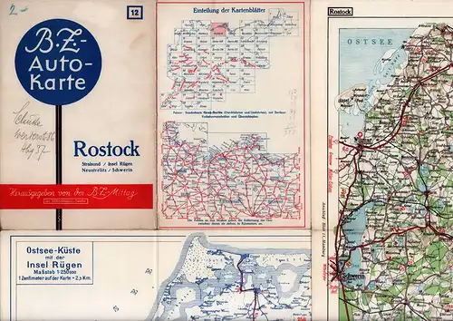 B.Z.-KARTE [B.Z.-Autokarte] Nr. 12: ROSTOCK. Stralsund / Insel Rügen / Neustrelitz / Schwerin : (Auto-Straßen- und Wander-Wege). Hrsg. v. d. "B. Z. am Mittag" im Ullsteinhaus, Berlin. 