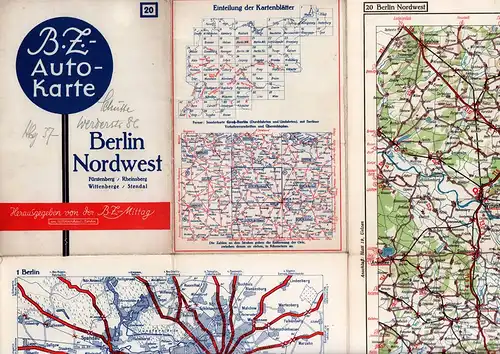 B.Z.-KARTE [B.Z.-Autokarte] Nr. 20: BERLIN-NORDWEST. Fürstenberg / Rheinsberg / Wittenberge / Stendal : (Auto-Straßen- und Wander-Wege). Hrsg. v. d. "B. Z. am Mittag" im Ullsteinhaus, Berlin. 