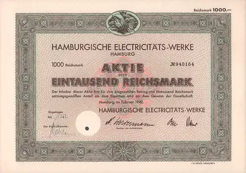 Aktie Hamburgische Electricitäts-Werke über eintausend Reichsmark. 