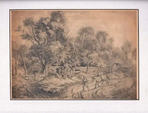 Altmeisterliche bäuerliche Landschaftsdarstellung. Mit Bleistift gehöhte Heliogravüre auf getöntem Zeichenkarton, W. K. [Monogrammist, ligiert]