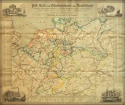 Post-Reise- & Eisenbahnkarte von Deutschland, und den angränzenden Ländern bis London, Mailand, Warschau und Königsberg. mit Notizen über Fahrzeit u. Fahrpreise auf den vorzüglichsten Eisenbahnen...