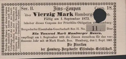 Zins-Coupon über Vierzig Mark Hamburger Banco, entwertet. Fällig am 1. September 1873. 