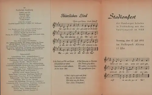 Stadionfest der Hamburger Schulen in Verbindung mit der Sportjugend im HSB. [Programmheft]. Sonntag, 12. Juli 1953 im Volkspark Altona um 15 Uhr. 