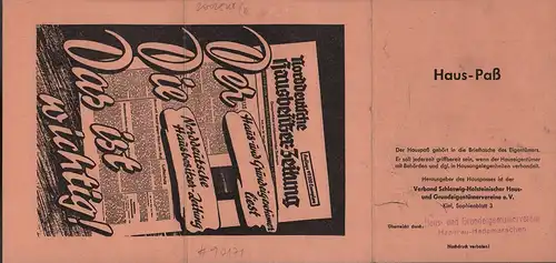 Haus-Paß. Blanco-Ausweisformular, hrsg. v. Verband Schleswig-Holsteinischer Haus- und Grundeigentümervereine e.V., Kiel, Sophienblatt 3. 