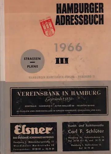 Hamburger Adressbuch 1966. AUSGABE 175. BAND 3 (von 3) apart: STRASSEN / PLÄNE.  Anschriften- und Nachschlagewerk der Freien und Hansestadt Hamburg mit Hamburger Branchen-Adreßbuch. 