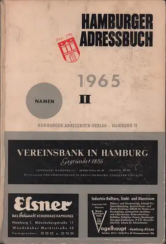 Hamburger Adressbuch 1965. AUSGABE 174. BAND 2 (von 3) apart: NAMEN. Anschriften- und Nachschlagewerk der Freien und Hansestadt Hamburg mit Hamburger Branchen-Adreßbuch. 