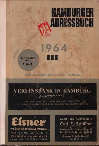 Hamburger Adressbuch 1964. AUSGABE 173. BAND 3 (von 3) apart: STRASSEN / PLÄNE. Anschriften- und Nachschlagewerk der Freien und Hansestadt Hamburg mit Hamburger Branchen-Adreßbuch. 