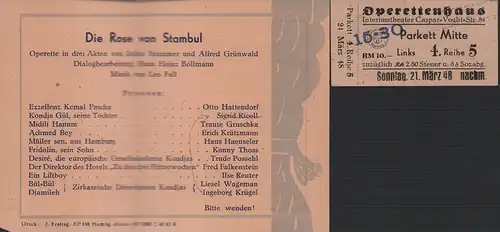 Programmzettel Operettenhaus Hamburg. Interimstheater Caspar-Voght-Str. 54. Direktion Hanns Walther Sattler. 