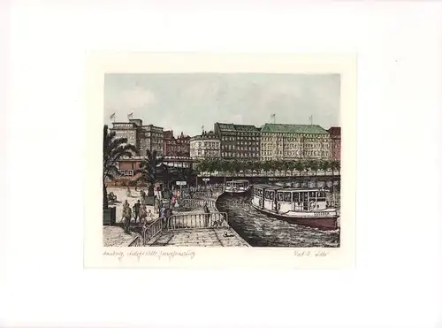 Jungfernstieg in Hamburg, Anlegestelle für Alsterschiffe. Handkolorierte Original-Radierung, Adler, Richard