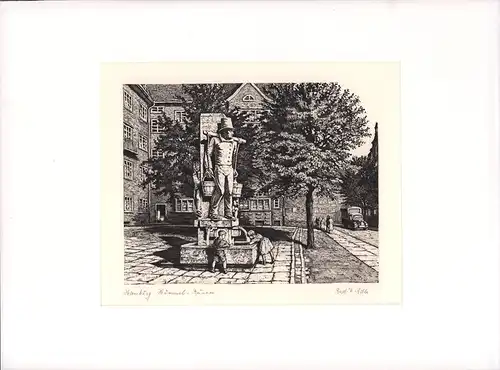 Hummel-Brunnen in Hamburg. Einfarbige Original-Radierung, Adler, Richard