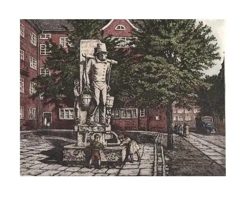Hummel-Brunnen im Rademachergang, Hamburg. Handkolorierte Original-Radierung, Adler, Richard