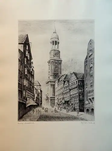 St. Michaelis in Hamburg, vom Hohlen Weg aus gesehen. Einfarbige Original-Radierung, Fischer-Oels, Helma