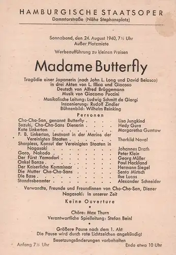 Hamburgische Staatsoper, Dammtorstraße (Nähe Stephansplatz): Madame Butterfly. Tragödie einer Japanerin. Musik von Giacomo Puccini... Musikalische Leitung: Ludwig Schmitt de Giorgi... [Werbe  und Besetzungszettel der.. 