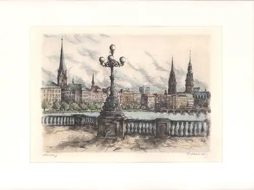 Binnenalster, Hamburg - von der Lombardsbrücke aus gesehen. Handkolorierte Original-Radierung, Hechtenberg, R