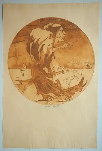 Jittoku. Radierung mit Aquatinta von runder Platte auf feinem getönten Japanpapier. Probedruck in Sepia, Janssen, Horst