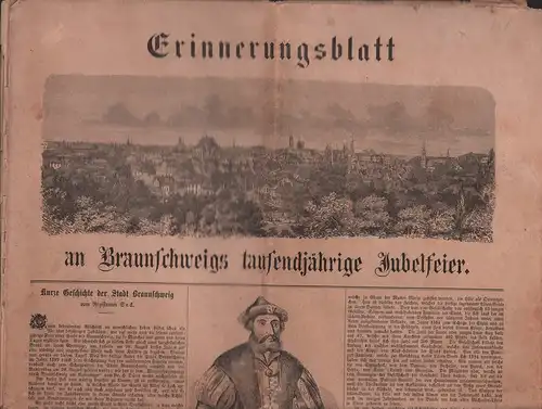 Meyer, Johann Heinrich (Hrsg.): Erinnerungsblatt an Braunschweigs tausendjährige Jubelfeier. [Zeitungsformat]. 