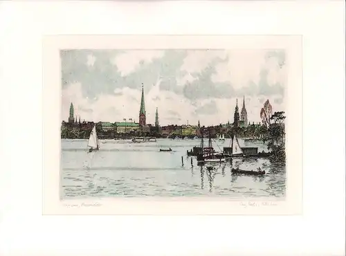 Außenalster in Hamburg [I]. Handkolorierte Original-Radierung, Mühlhan, Adolf