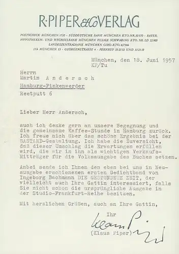 Piper, Klaus, dt. Verleger (1911-2000): 1 masch. Brief mit eigenh. U., auf dem Papier des R. Piper & Co. Verlags, München, mit dessen gedrucktem Briefkopf. 