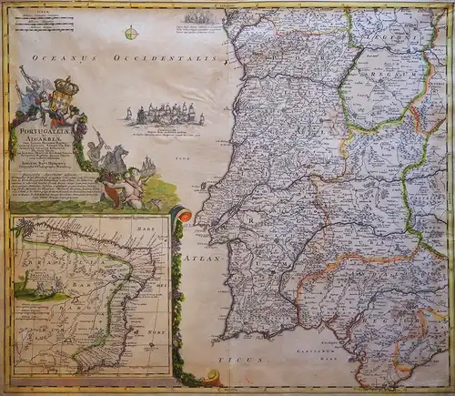 PORTUGAL. Homann, Joh. B: Portugalliae et Algarbiae cum finitimis Hispaniae Regnis: Castiliae, Legionis, Andalusiae, Extrematurae, Galliciae & Granatae Novissima Tabula. Altkolorierte Kupferstichkarte. 