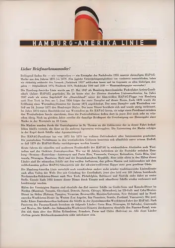 Akzidenzdruck der Hamburg-Amerika-Linie an Briefmarkensammler zur Herausgabe 1955 des Nachdrucks der ehemaligen HAPAG-Marke aus den Jahren 1875 bis 1879 an. 