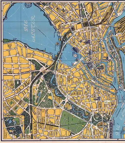Hamburgs Innenstadt und Hafen. Stadtplan, Ausschnitt aus dem Elfha-Plan von Hamburg. 