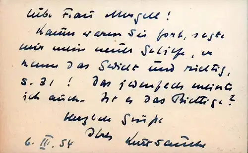 Saucke, Kurt: Eigenhändige Kurznote an eine Kundin,. Mit blauer Tinte verso auf Visitenkarte (Wolkenbütten). 
