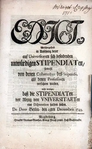 Verordnung die Pflicht zu einer Disputation vor Studienabschluss betreffend. Bekanntmachung / Publicandum. 