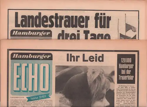 Die große Flut in Hamburg im Februar 1962. HAMBURGER ECHO. Ausgabe A. JG. 87, Nrn. 42 und 49 (2 Teile: Montag, 19.2. und Dienstag, 27.2.1962). 