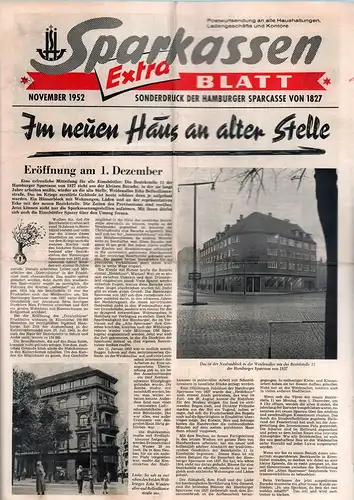 Sparkassen Extra-Blatt. Sonderdruck der Hamburger Sparcase von 1827: Im neuen Haus an alter Stelle. 