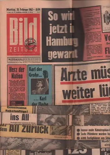 Die große Flut in Hamburg 1962. Konvolut von 6 Ausgaben der Tageszeitung BILD Zeitung 11. JAHR. Nr 42-46 (Montag 19.2. bis Fr. 23.2.1962 u. Montag 26.2.1962; ohne Nr 47 (Samstag). 