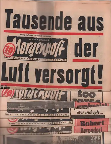 Die große Flut in Hamburg im Februar 1962. Konvolut von 7 Ausgaben der HAMBURGER MORGENPOST. Unabhängige Tageszeitung. 14. JG, Nr. 42-46 und 48-49 (Montag 19.2...