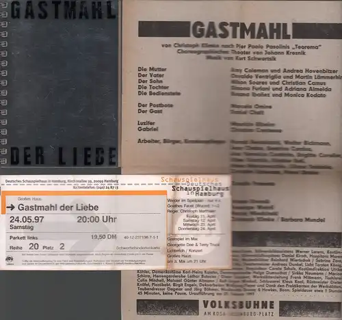 Gastmahl der Liebe. [Programmheft]. Gastmal von Christoph Klimke nach Pier Paolo Pasolinis "Teorema". Choreographisches Theater von Johann Kresnik. Musik von Kurz Schwertsik. Intendant: Frank Castorf, Klimke, Christoph