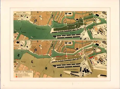 Der Hamburger Hafen 1883. Straßenplan, farbige Lithographie. 